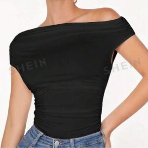 SHEIN BAE Asymmetrical  Neck Ruched Mesh Tee, Going Out Top black medium